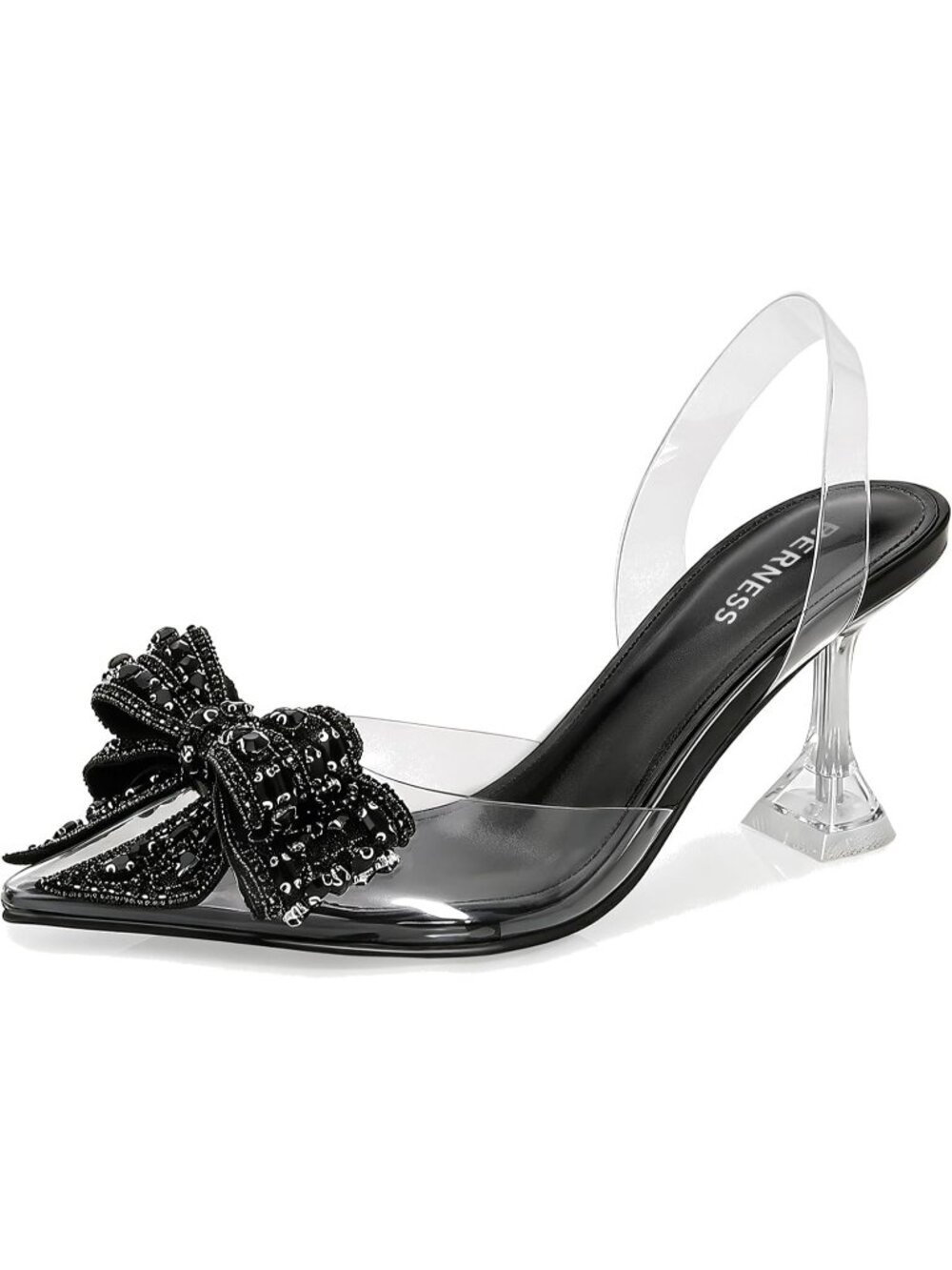 Women's Black Crystal Bow Clear Slingback Pointed Closed Toe Comfortable Heels